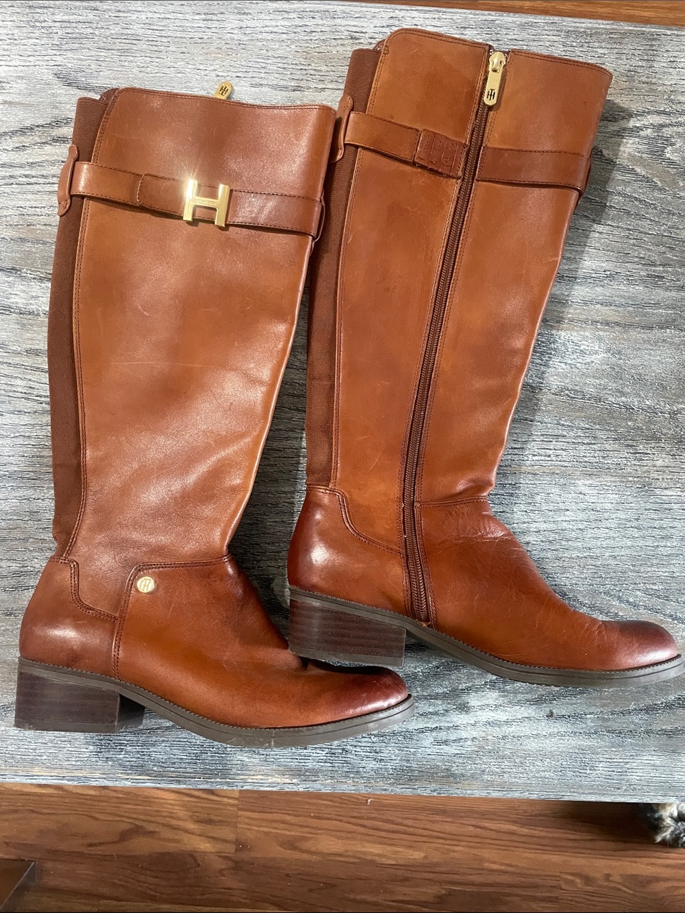 Tommy Hilfiger Cognac Leather Tall Riding Boots with Gold Hardware